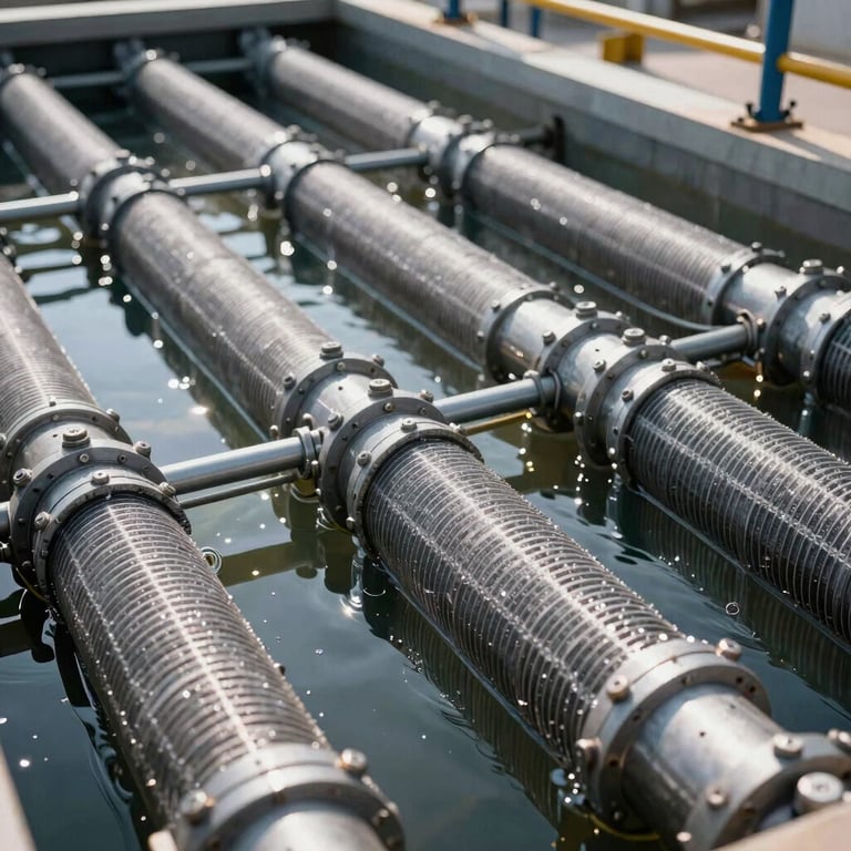 Rows of industrial water filters in a large-scale treatment facility. International / Professional.