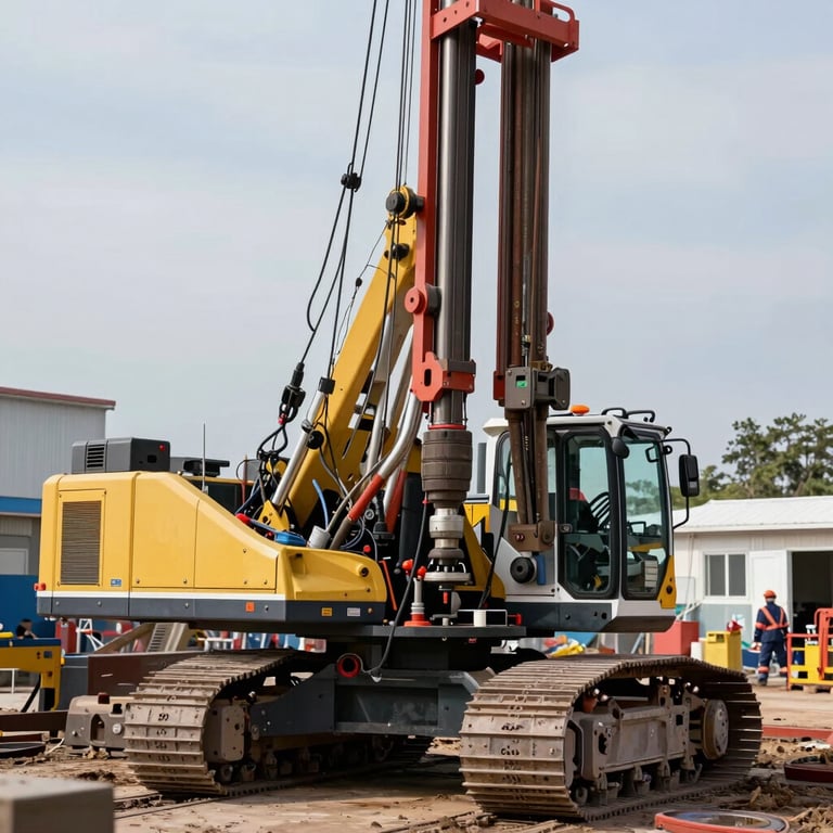 A borehole drilling rig being operated with technical precision on-site. International / Professional.