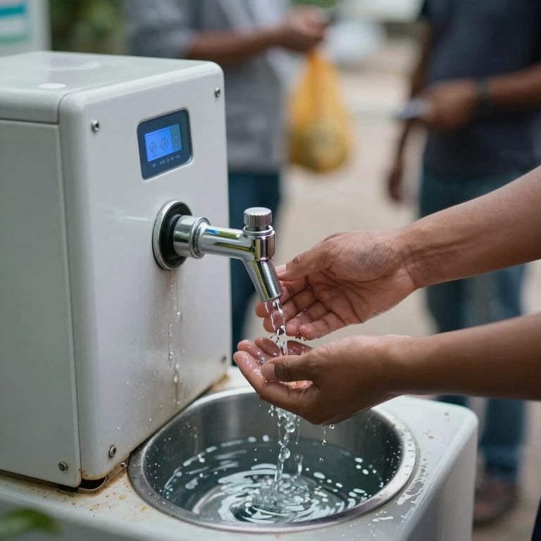 A clean community water kiosk with people accessing clean water from a smart tap. International / Professional.
