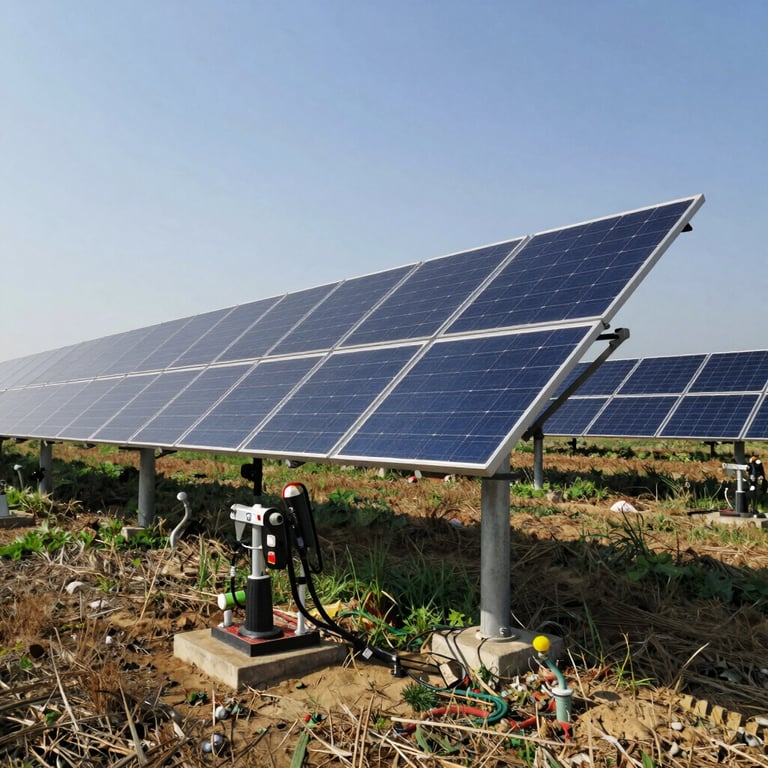 A wide shot of a solar array installed in a rural field powering a water pump. International / Professional.