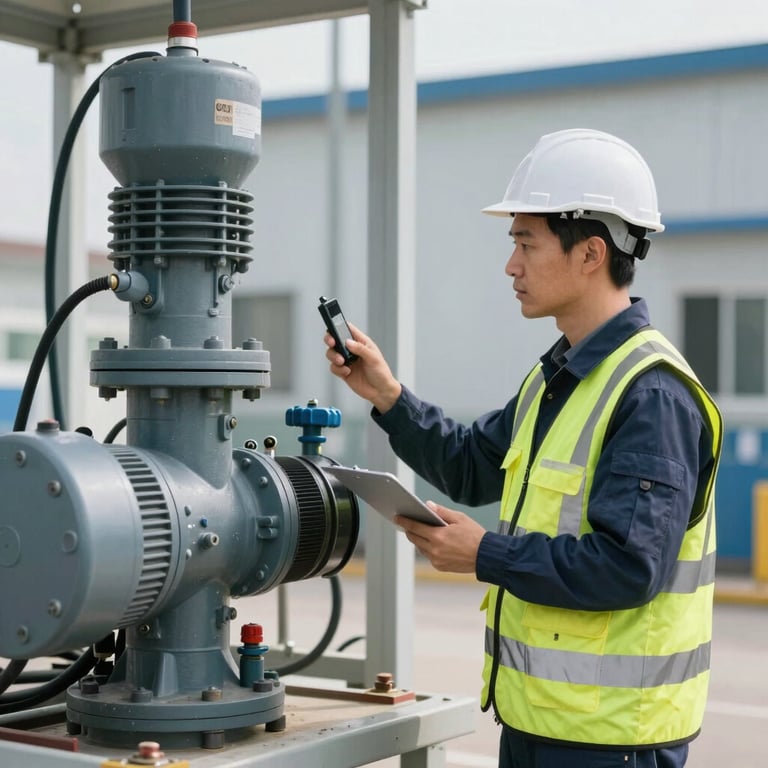 A professional engineer in high-visibility gear inspecting a modern pump station. International / Professional.