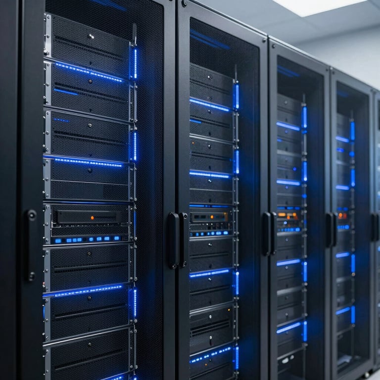 Modern data center interior with sleek equipment racks and deep blue ambient lighting, clean and organized.