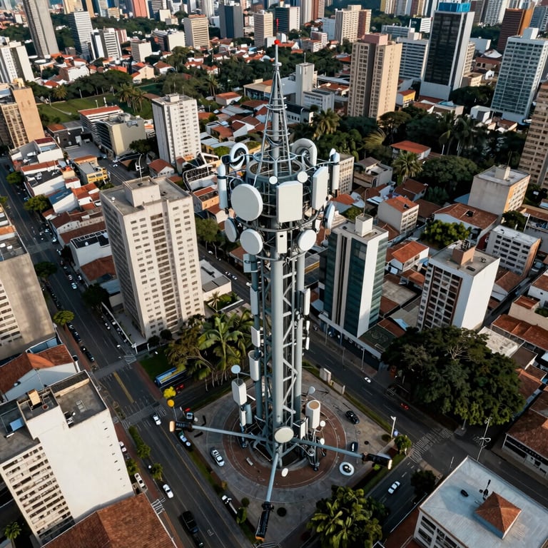 Aerial view of a South American city showing integrated communication infrastructure and network nodes.