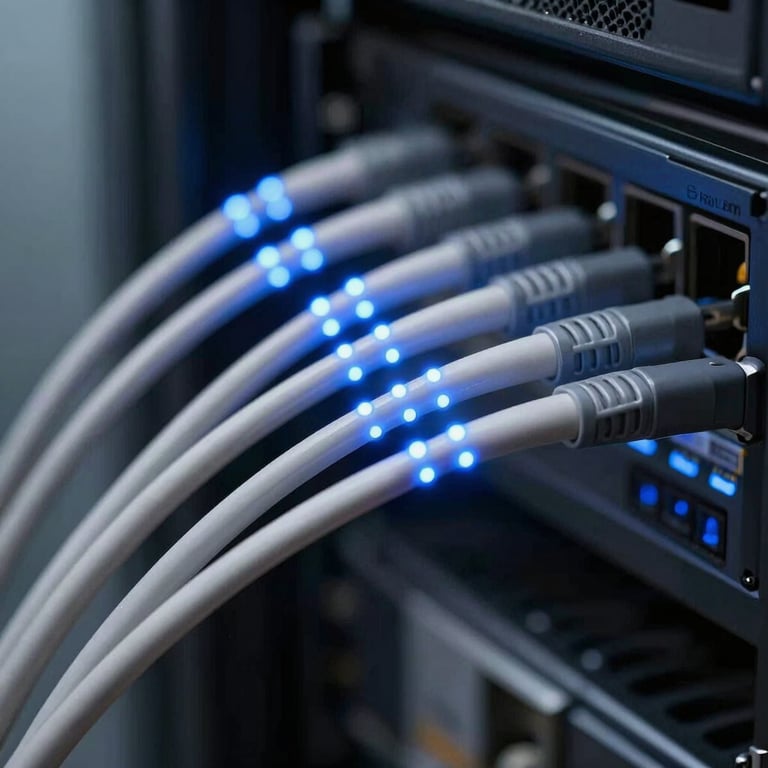 Macro shot of high-speed fiber optic cables with glowing blue light indicators in a professional server room.