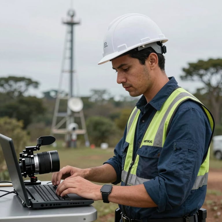 Technical engineer in modern professional attire working on a remote communication site in South America.