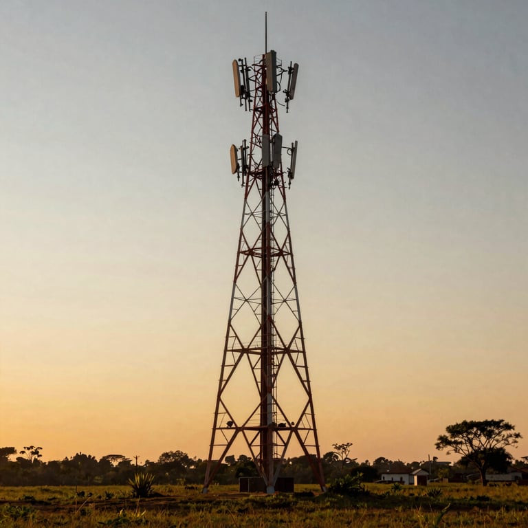 Wide shot of a telecommunications tower against a sunset sky in a Brazilian rural landscape, high contrast lighting.