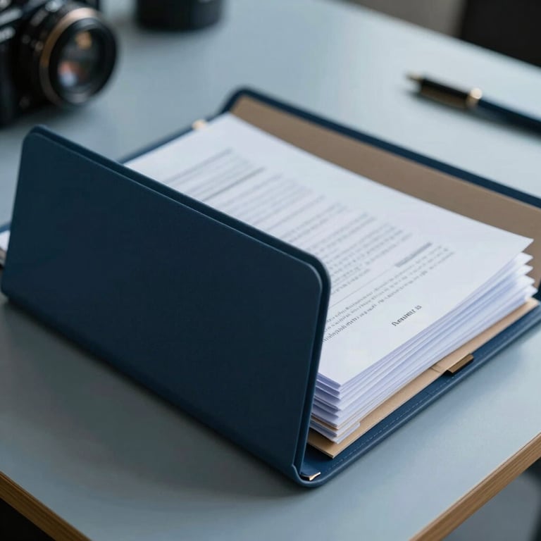 A close-up of professional business folders and high-quality paper documents on a slate blue desk.