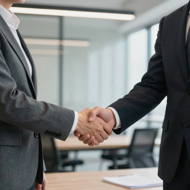 Two business partners in professional attire exchanging a firm handshake in a well-lit contemporary office.