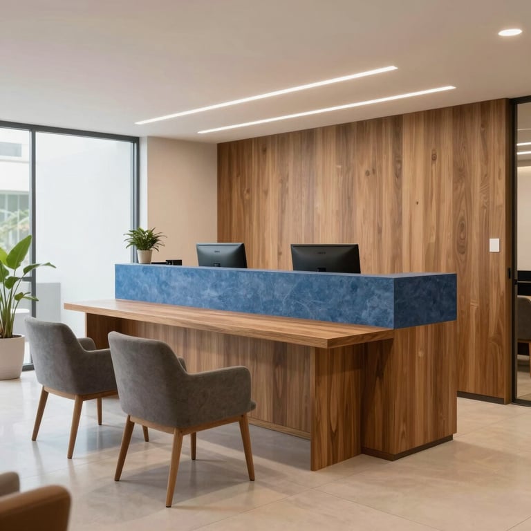 A bright and inviting corporate reception area in Brazil featuring modern wooden furniture and slate blue accents.