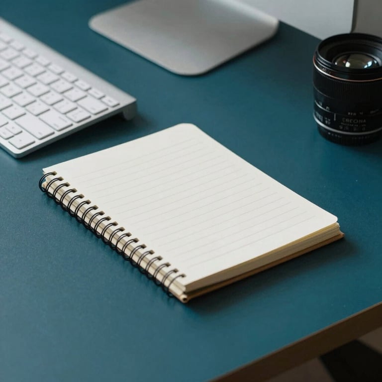 Minimalist desk setup with a keyboard and a designer notebook in a workspace with deep teal walls.