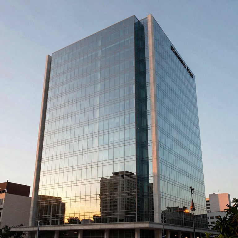 Modern corporate building in a South American business district at sunset with pale blue glass reflections.