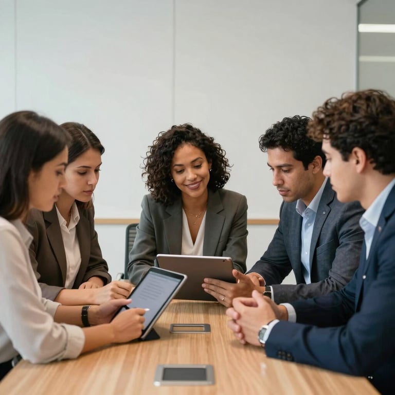 A group of Brazilian professionals in a clean, modern meeting room collaborating over a digital tablet.