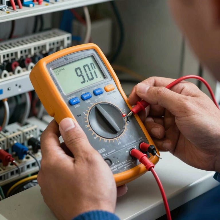 A North American / US electrician using a high-precision multimeter on a circuit with electric blue accents.