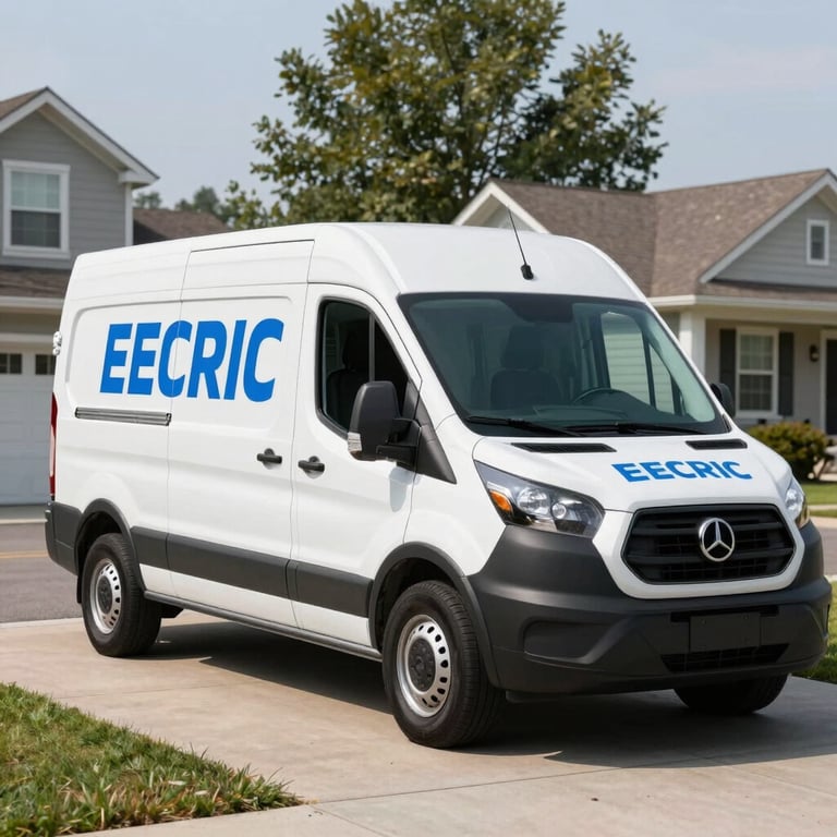 A professional service van with electric blue branding parked in a clean North American / US suburban driveway.