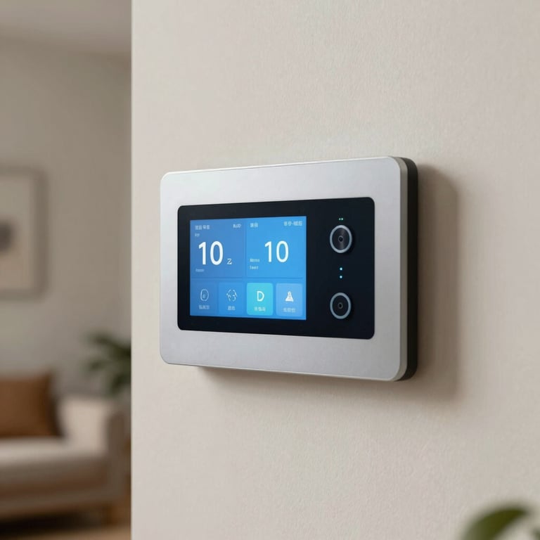 A close-up of a high-tech smart home control panel integrated into a sleek off-white wall in a North American / US setting.