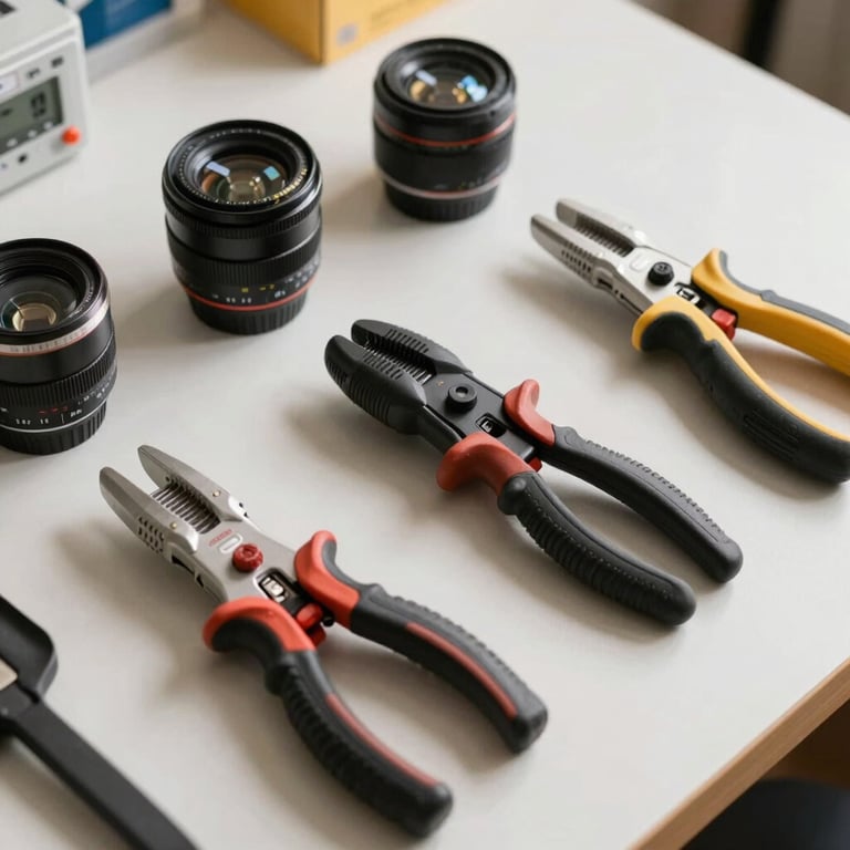 Professional electrical tools organized neatly on a clean off-white workspace surface.