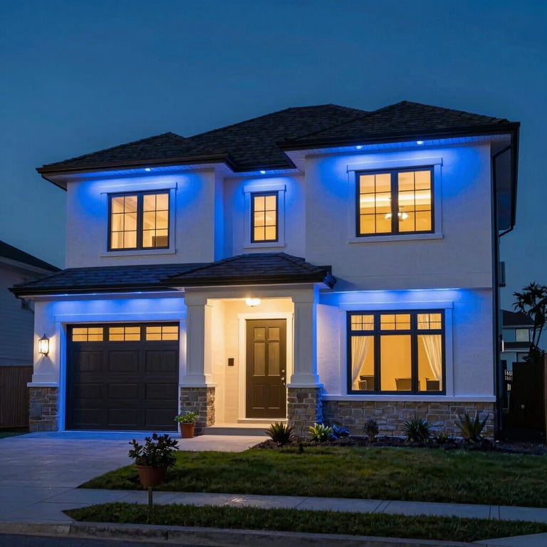 The exterior of a modern North American / US house at night illuminated with elegant, efficient outdoor electric blue lighting.