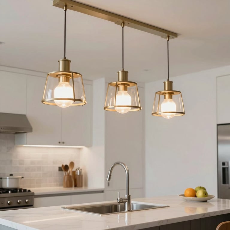 A brightly lit North American / US modern kitchen featuring sophisticated designer light fixtures and off-white walls.