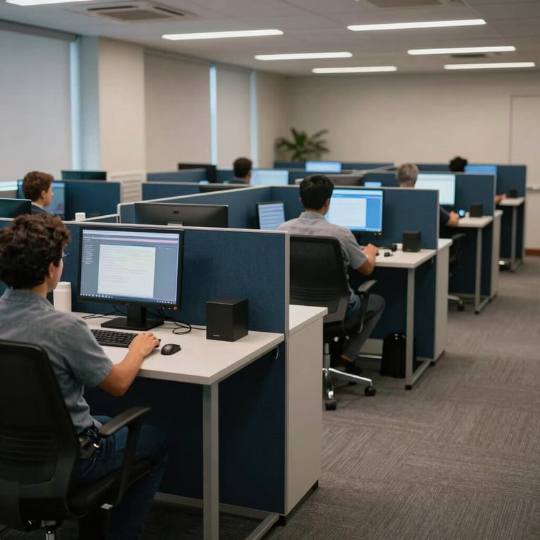 Internal shot of a clean, high-tech call center floor with dark blue dividers and modern computers, South American / Brazilian setting.