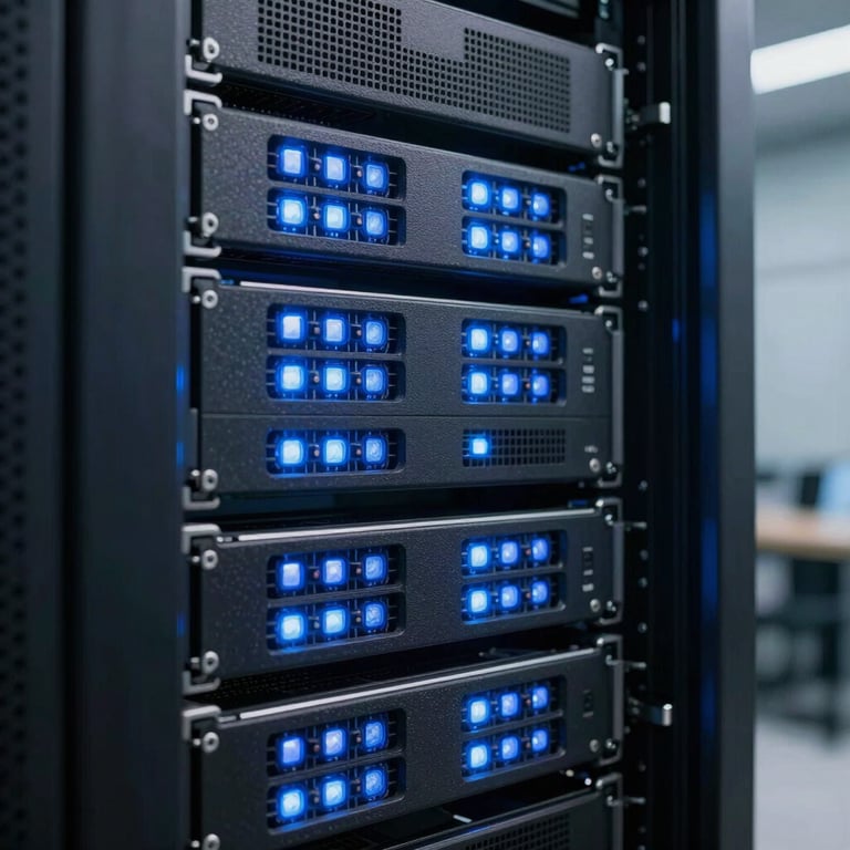 Detail shot of a digital server rack with glowing soft blue lights in a secure facility, professional tech environment.