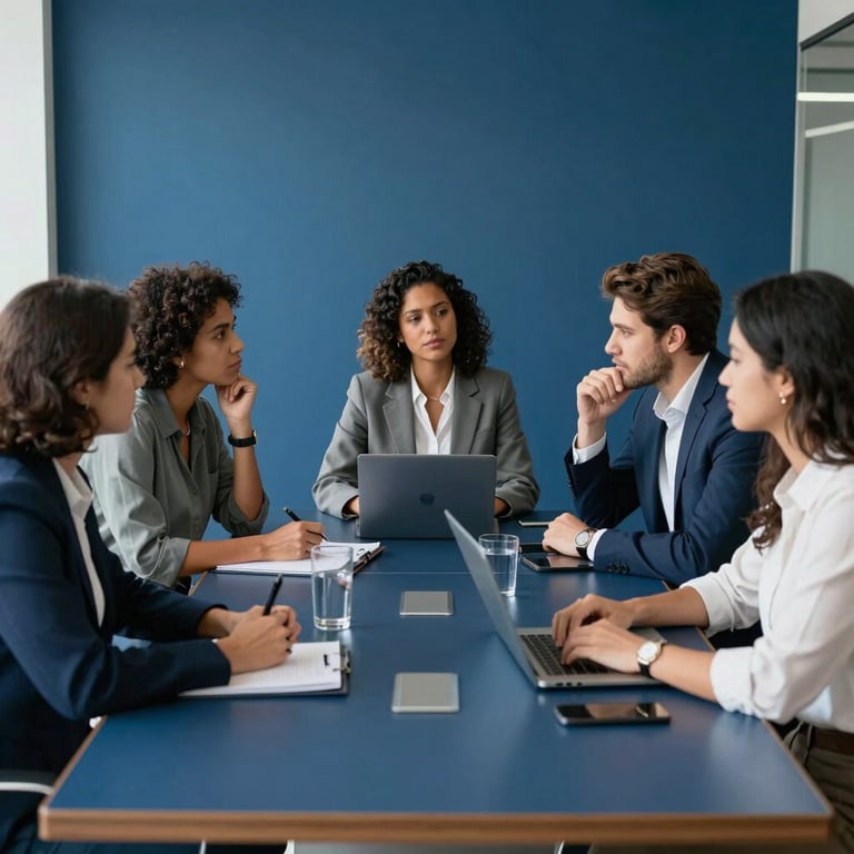 A group of diverse South American / Brazilian professionals in a bright navy blue meeting room collaborating, modern office style.