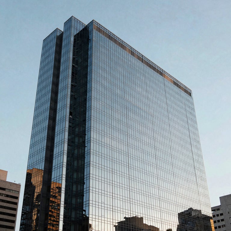 Modern office building exterior with glass reflecting a pale blue sky in a Brazilian city, architectural photography, sharp focus.