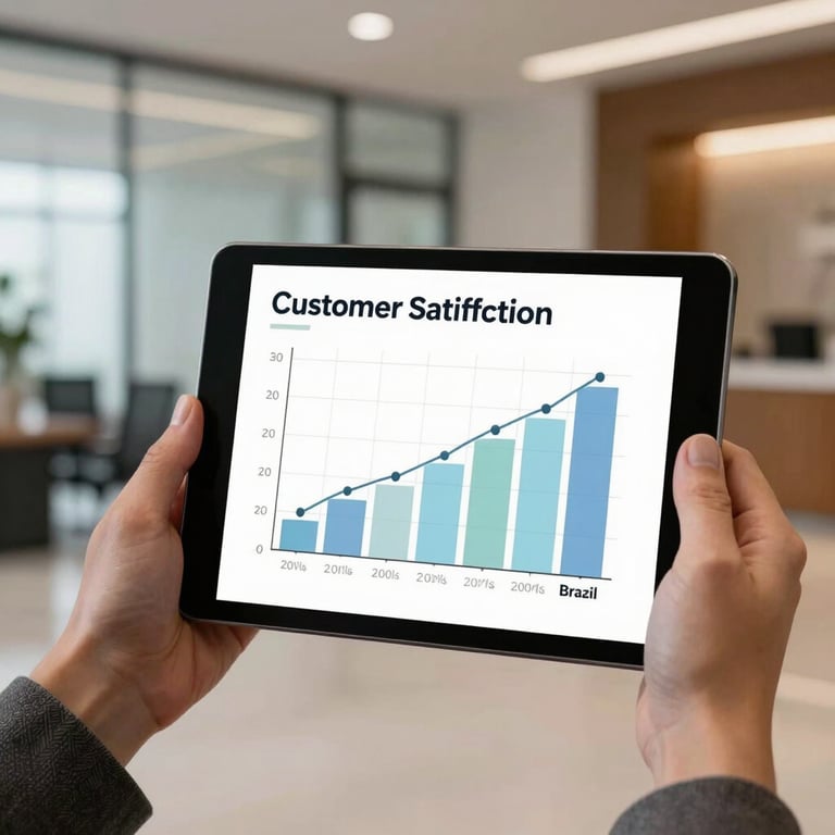 A handheld tablet displaying a customer satisfaction graph with a blurred background of a modern office lobby in Brazil.