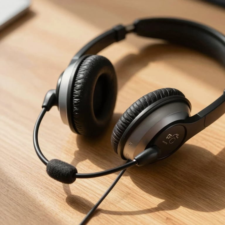Close-up of a professional communication headset resting on a wooden desk with golden sunlight, sharp detail.