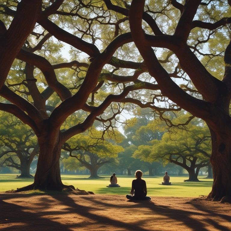 A serene meditation spot with soft morning light filtering through bamboo.