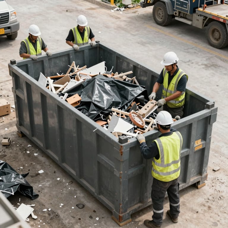 A high-angle shot of an organized work site with a large debris container and protective tarps, showing clean and professional job management.