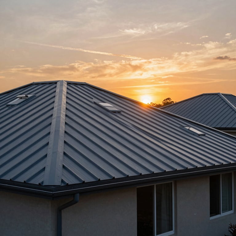 Dusk photography of a suburban home with a sleek metal roof reflecting a sunset, conveying premium durability.