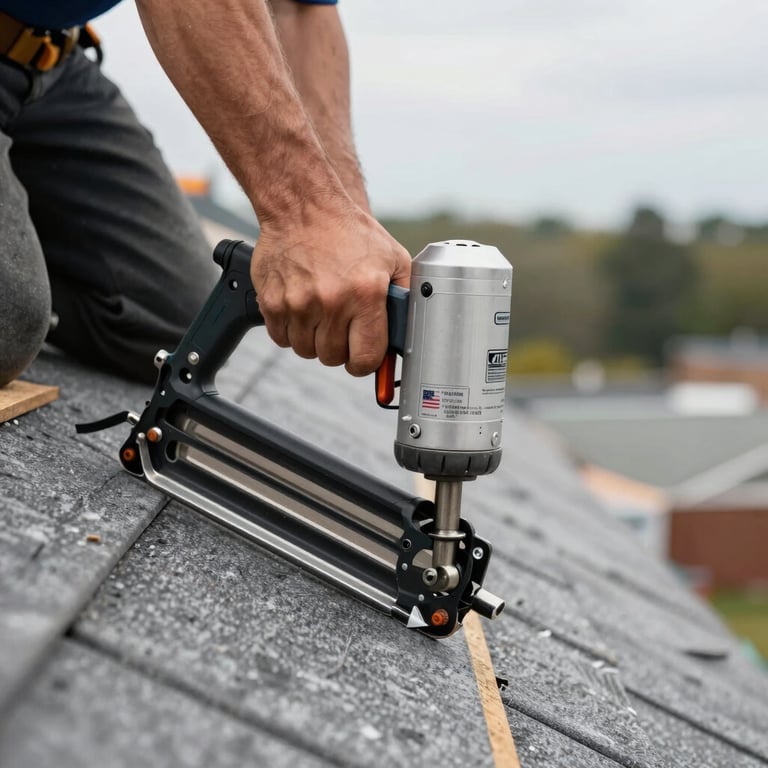 Close-up of a roofer's hand using a pneumatic nail gun on a steep roof pitch, North American / US construction site safety standards.