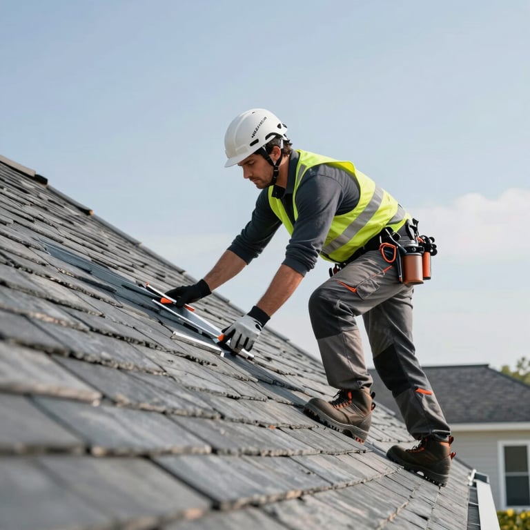 Professional photography of an expert roofer in professional safety gear inspecting a modern North American home roof. The lighting is bright and clear, emphasizing professionalism and modern efficiency against a slate gray sky.