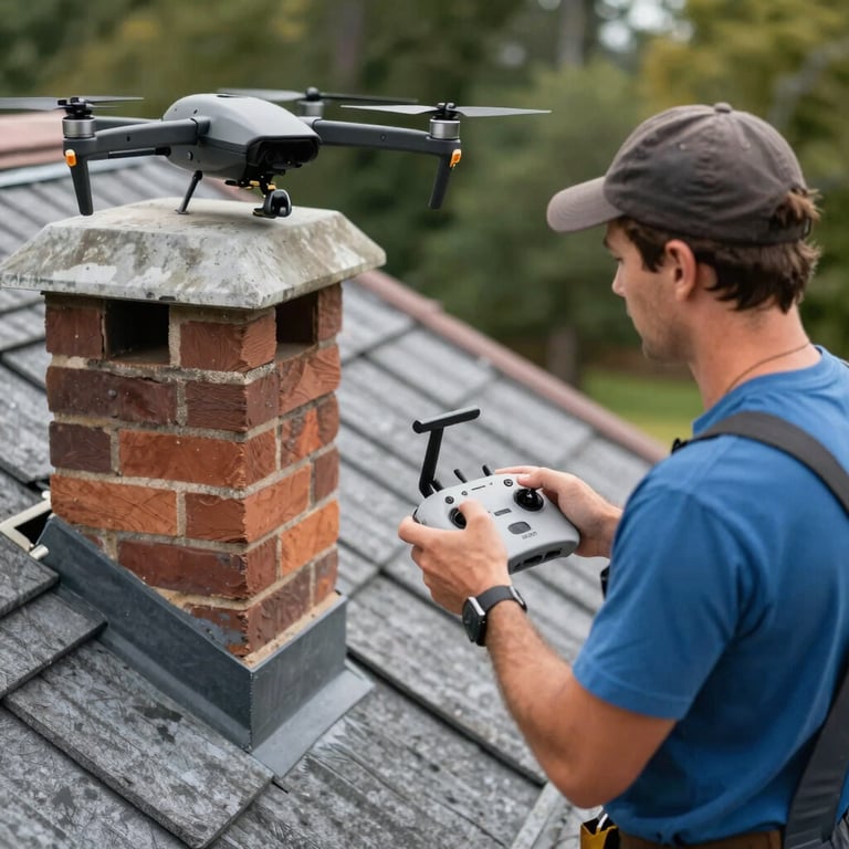 A North American / US roofing professional using a drone controller to inspect a chimney from the ground, illustrating modern efficiency.