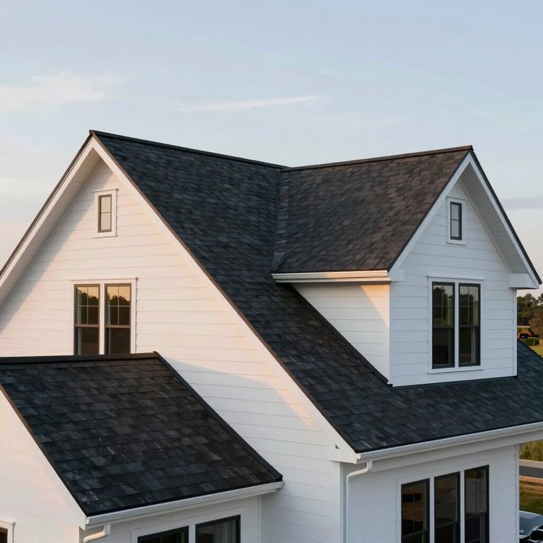 A wide shot of a newly completed roof on a modern North American / US craftsman home, showcasing dark shingles against Off-white siding.