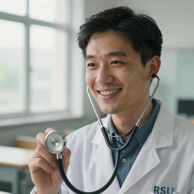 Candid close-up of a male medical student in a lab coat smiling warmly, holding a stethoscope, soft natural window light in an RSU study hall.