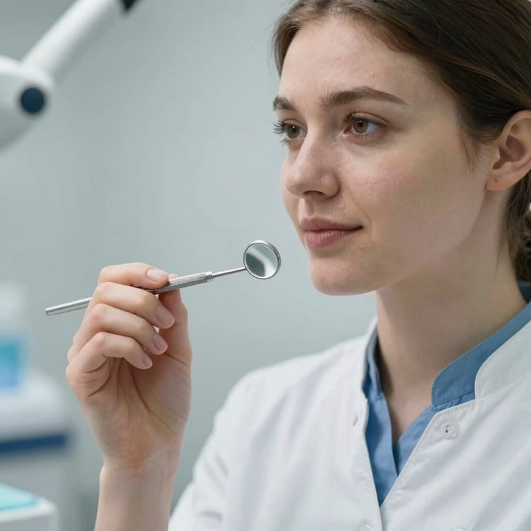 Candid close-up of a female dental student in professional clinical attire, holding a dental mirror, soft daylight in a Riga university clinic.
