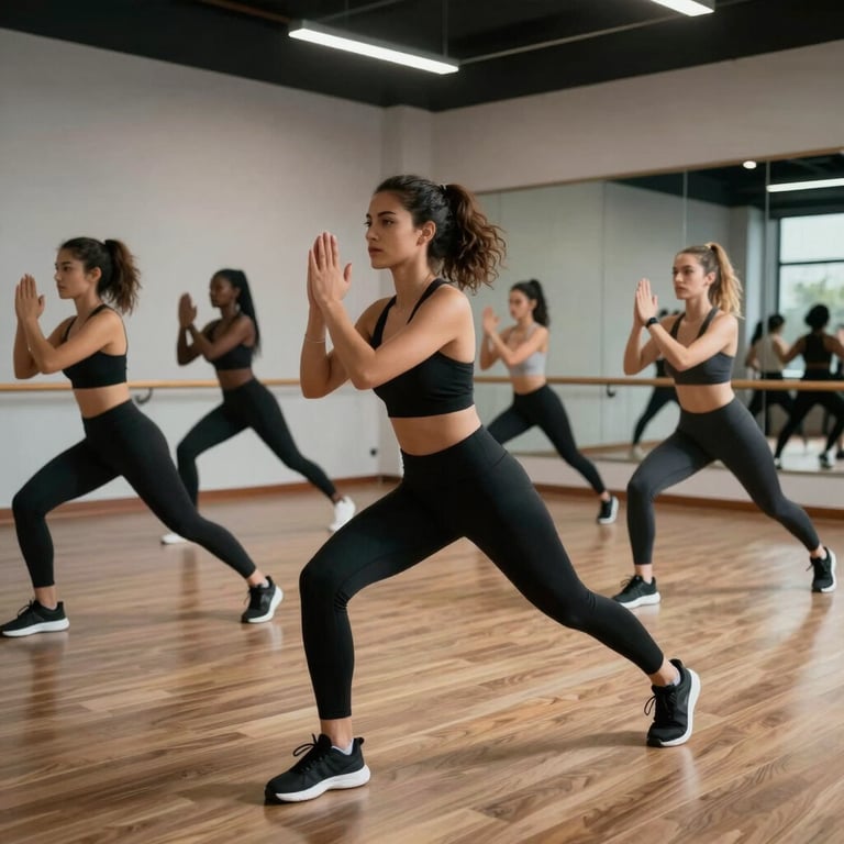 High-energy group fitness session in a modern Abuja studio, diverse young professionals working out, captured with motion blur to show speed and energy.
