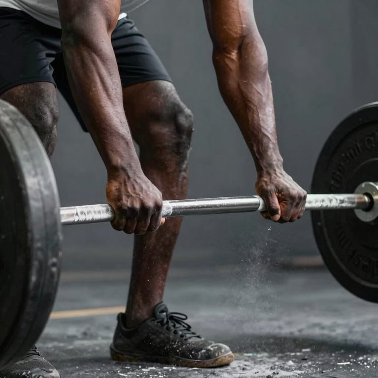 Close-up of a West African / Nigerian man's hands gripping a heavy barbell, chalk dust in the air, dramatic light gray backlighting against a dark background.