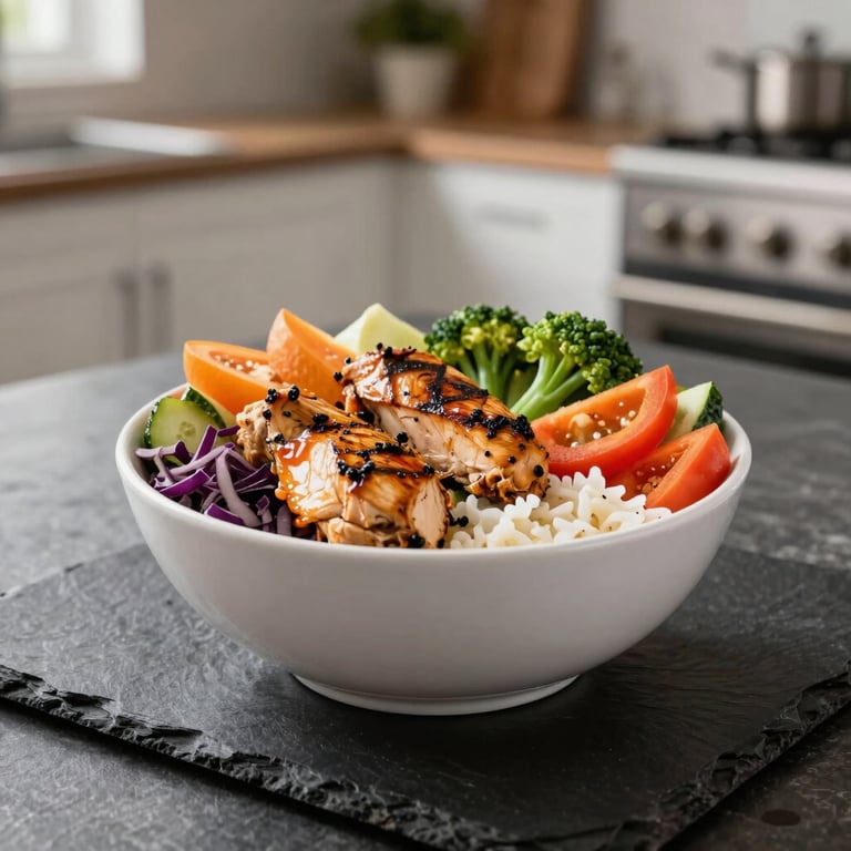 A vibrant, healthy Nigerian-inspired protein bowl with grilled chicken and vegetables, shot on a black slate surface in a modern, light-filled kitchen.