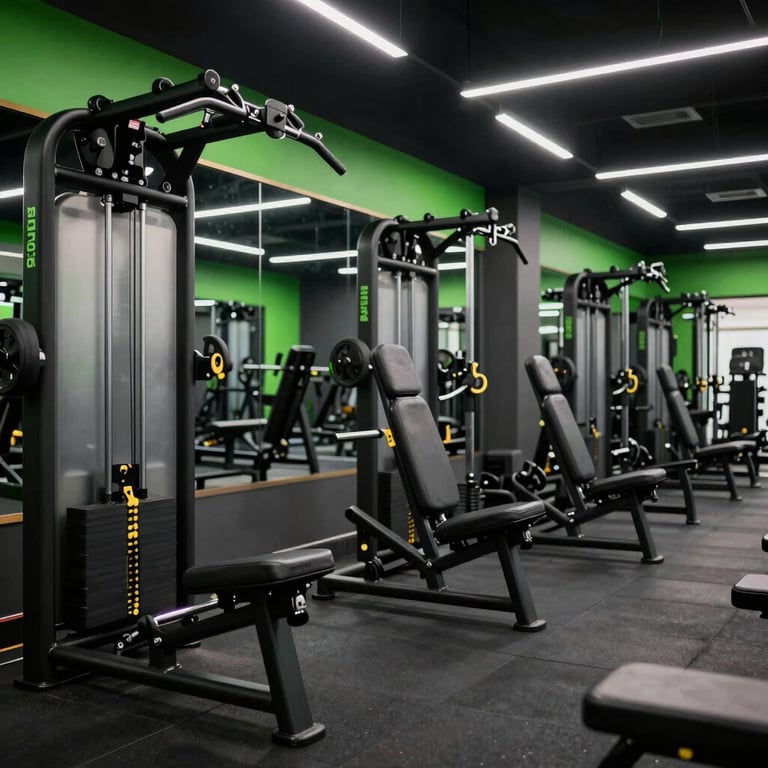 A sleek, black-themed premium gym interior in Abuja featuring rows of high-end equipment under cool white and electric green lighting.