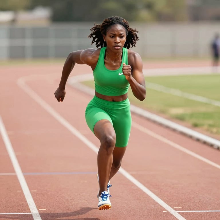 A West African / Nigerian woman finishing a powerful sprint on a track in Abuja, her expression full of discipline, bright electric green athletic wear, natural daylight photography.