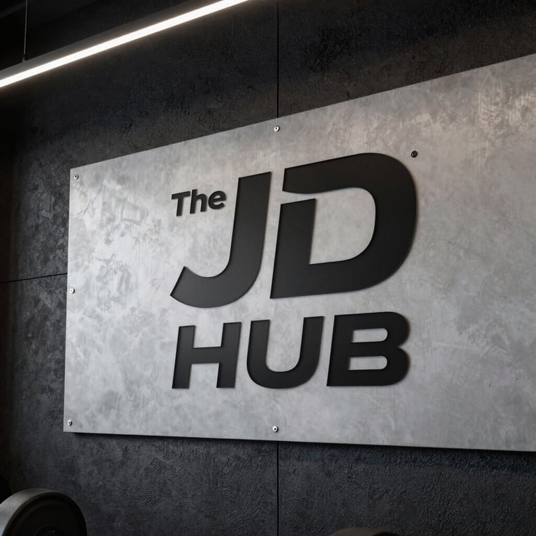 The JD Hub logo visually integrated into a modern gym wall design, made of light gray steel against a textured black background, premium and authoritative.