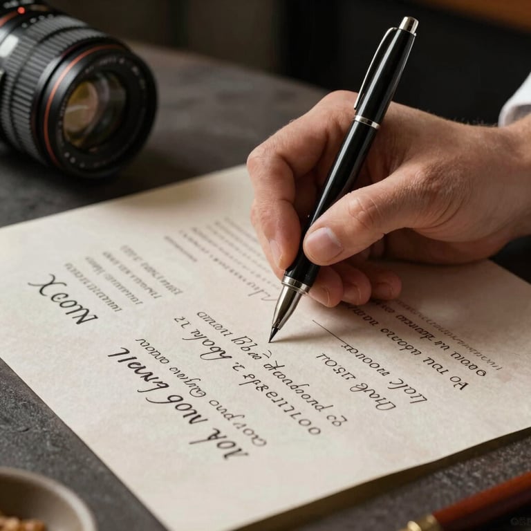 A chef sketching a menu layout on textured parchment paper with a classic ink pen, soft natural daylight