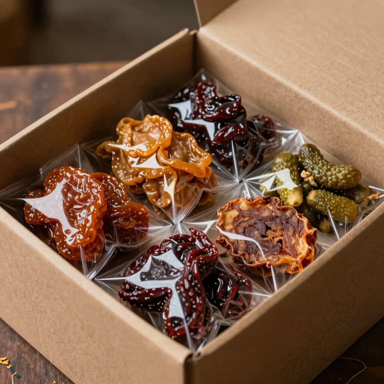 Traditional Indian food items like pickles and dry fruits being carefully packed into a sturdy shipping box.