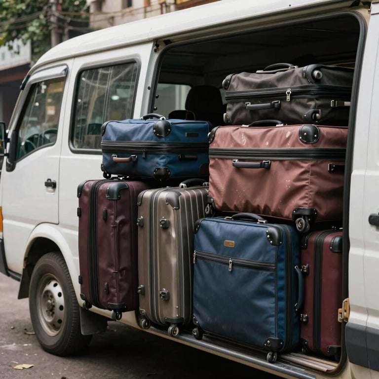 A row of large suitcases and excess baggage being loaded into a white delivery van on a street in Bengaluru.
