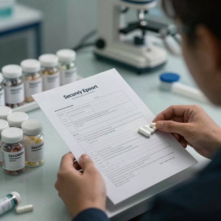 Securely packaged medicine containers with proper export documentation shown in a professional, well-lit setting.