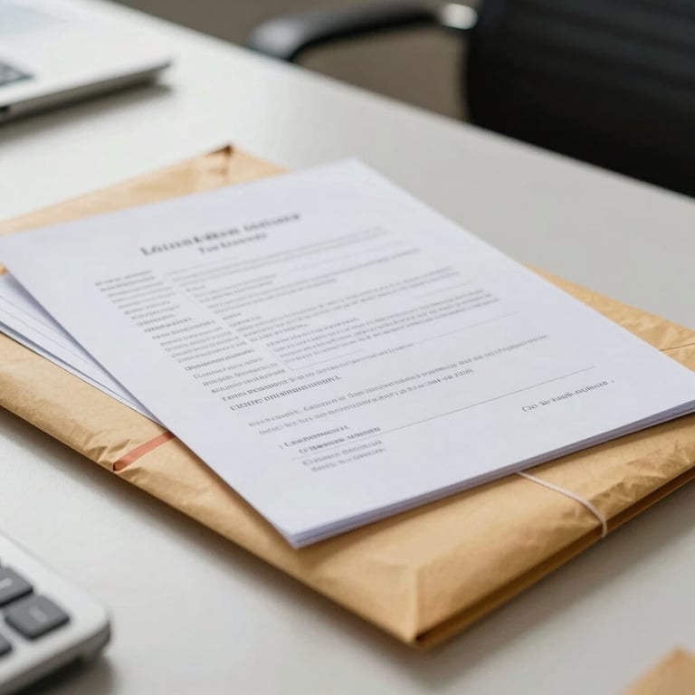 A close-up of legal documents and envelopes being prepared for express delivery on a clean desk in a South Asian office.