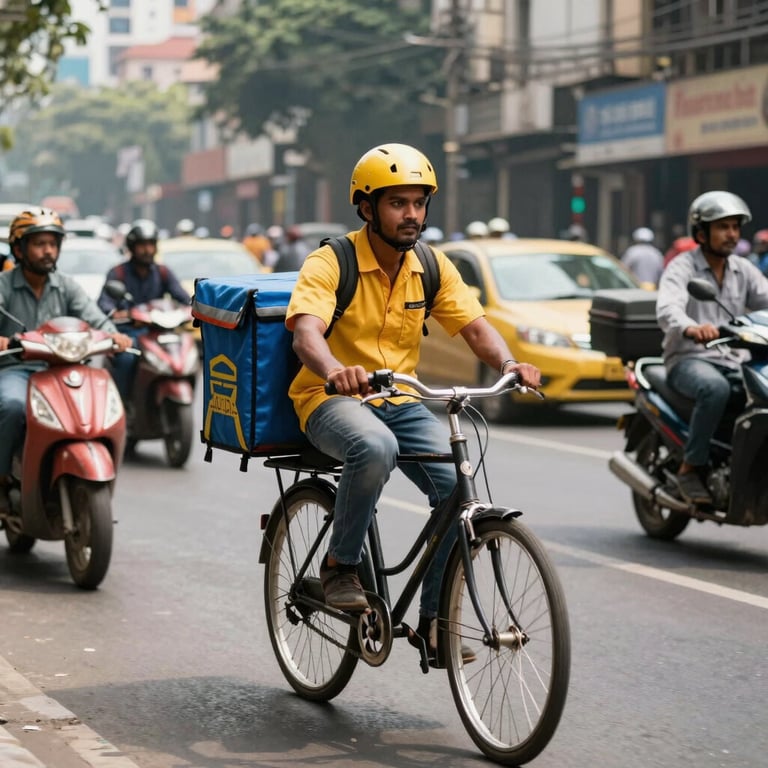 A courier on a delivery bike navigating through a busy, modern South Asian city street at midday.