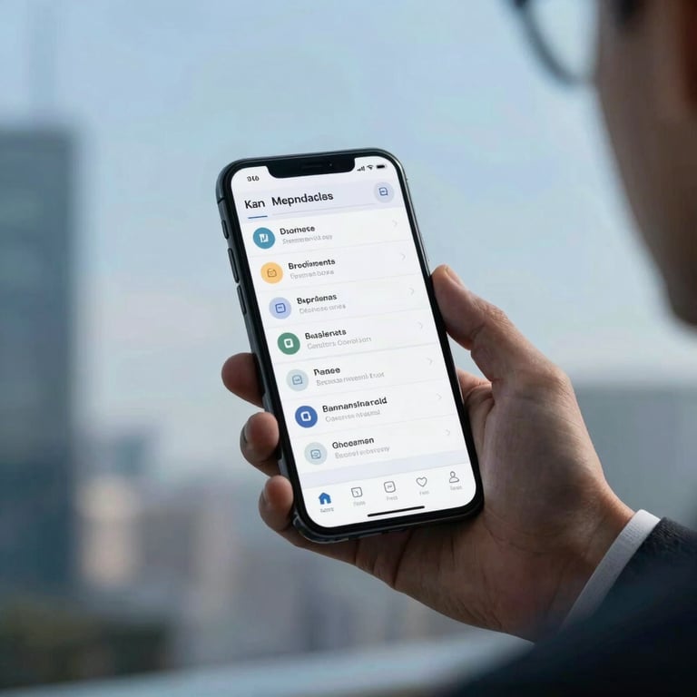 A sleek mobile device displaying a clean app interface held by a professional in a North American / US corporate setting, Soft Sky Blue lighting.